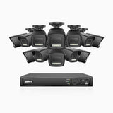 H500P - 3K 16 Kanal PoE Überwachungskamera-Set mit 12 Kameras, Farbe & IR Nachtsicht, 3072*1728 Auflösung, f/1.6 Blende (0.005 Lux), Erkennung von Menschen und Fahrzeugen, Eingebautes Mikrofon, IP67
