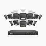H500P - 3K 16 Kanal PoE Überwachungskamera-Set mit 12 Kameras, Farbe & IR Nachtsicht, 3072*1728 Auflösung, f/1.6 Blende (0.005 Lux), Erkennung von Menschen und Fahrzeugen, Eingebautes Mikrofon, IP67