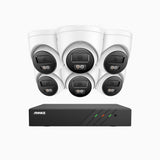 H500P - 3K 8 Kanal PoE Überwachungskamera-Set mit 6 Kameras, Farbe & IR Nachtsicht, 3072*1728 Auflösung, f/1.6 Blende (0.005 Lux), Erkennung von Menschen und Fahrzeugen, Eingebautes Mikrofon, IP67
