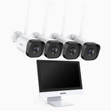WTL800 - 4K 8MP WLAN Überwachungssystem mit 12″-Monitor, 10-Kanal NVR & 4 Kameras, 2,4/5,8 GHz Dualband-WLAN, Personenerkennung, Zwei-Wege-Audio, Nachtsicht, Alexa-kompatibel