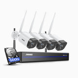 WS300 - 2K 8 Kanal Funk Überwachungssystem Set mit 4 Kameras, 500GB HDD, 30 m Funksignalreichweite, Eingebautes Mikrofon, Menschliche Anerkennung, funktioniert mit Alexa