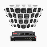H800 - 4K 32 Kanal PoE Überwachungskamera-Set mit 26 Bullet Kameras & 6 Turm Kameras, Farbe & IR Nachtsicht, Personen- und Fahrzeugerkennung, Eingebautes Mikrofon, 96° Sichtfeld, Unterstützt RTSP, Inklusive 16-Port-PoE-Switch