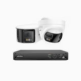 FDH800 - 4K 8 Kanal PoE Panorama Überwachungskamera-Set mit 1 Bullet Kameras & 1 Turm Kameras, zwei Objektiven, 180° Ultraweitwinkel, intelligenter Dual-Licht-Nachtsicht, Zwei-Wege-Audio, aktivem Sirenenton & Alarm, Personen- & Fahrzeugerkennung, IP67