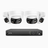 FDH800 - 4K 8 Kanal PoE Panorama Überwachungskamera-Set mit 4 Kameras, zwei Objektiven, 180° Ultraweitwinkel, intelligenter Dual-Licht-Nachtsicht, Zwei-Wege-Audio, aktivem Sirenenton & Alarm, Personen- & Fahrzeugerkennung, IP67