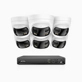 FDH800 - 4K 8 Kanal PoE Panorama Überwachungskamera-Set mit 6 Kameras, zwei Objektiven, 180° Ultraweitwinkel, intelligenter Dual-Licht-Nachtsicht, Zwei-Wege-Audio, aktivem Sirenenton & Alarm, Personen- & Fahrzeugerkennung, IP67