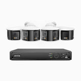 FDH800 - 4K 8 Kanal PoE Panorama Überwachungskamera-Set mit 4 Kameras, zwei Objektiven, 180° Ultraweitwinkel, intelligenter Dual-Licht-Nachtsicht, Zwei-Wege-Audio, aktivem Sirenenton & Alarm, Personen- & Fahrzeugerkennung, IP67