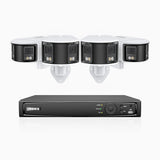 FDH600 - 6MP 8 Kanal PoE Panorama Überwachungskamera-Set mit 4 Kameras, zwei Objektiven, 180° Ultraweitwinkel, f/1.2 Superblende, BSI-Sensor, integriertes Mikrofon, aktive Sirene und Alarm, Personen-und Fahrzeugerkennung