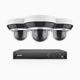 HZ504P - 8 Kanal Überwachungssystem mit 3 PTZ PoE Kameras, 3K-Auflösung, 4X Optischer Zoom, Objektiv 2,8-12 mm, Intelligente Verhaltensanalyse, IK10 Vandalensichere, Farbnachtsicht, Antibeschlag