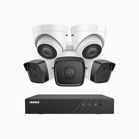H500 - 5MP 8 Kanal PoE Überwachungskamera-Set mit 3 Bullet Kameras & 2 Turm Kameras, EXIR Nachtsicht 2.0, Eingebautes Mikrofon, Unterstützt RTSP und ONVIF, funktioniert mit Alexa, IP67