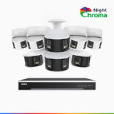 NightChroma<sup>TM</sup> NDK800 - 4K 8 Kanal PoE Panorama Überwachungskamera-Set mit 4 Bullet Kameras & 4 Turm Kameras, Doppelobjektiv, Farbnachtsicht, mit f/1.0 Super Aperture (0,0005 Lux), aktiver Sirene und Blitz, Personen-und Fahrzeugerkennung