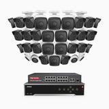 H500 - 3K 32 Kanal PoE Überwachungskamera-Set mit 28 Bullet Kameras & 4 Turm Kameras, Eingebautes Mikrofon & SD-Kartensteckplatz, funktioniert mit Alexa, Inklusive 16-Port-PoE-Switch, EXIR Nachtsicht 2.0, IP67