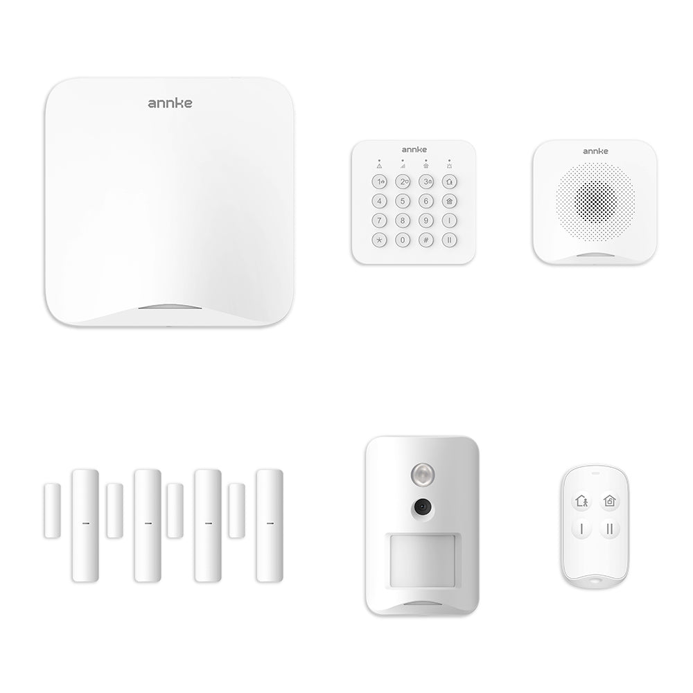 All-in-One Funkalarmanlage, Smart Home Sicherheitskit mit PIR-Kamera-Detektor, Tastatur, Magnetkontakt, Bedienteil, Innensirene, Fernbedienung, LAN-Modul