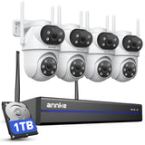 ANNKE 4MP WLAN Überwachungskamera Aussen Set, 10CH NVR mit 1TB HDD, 360° PTZ, 4X Dualobjektiv Kabellose Kameras, Automatische Verfolgung, 2,4/5 GHz Wi-Fi, Farbnachtsicht, Licht Tonalarm, 2-Wege-Audio