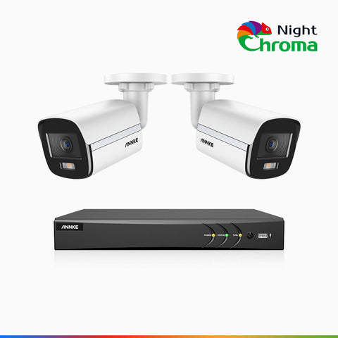 NightChroma<sup>TM</sup> NAK500 - 3K 8 Kanal Kabelgebunden Überwachungskamera aussen-Set mit 2 Kameras, Acme Farbnachtsicht, 2960 × 1665 Auflösung, f/1.0 Blende (0,001 Lux), Eingebautes Mikrofon, IP67, Aktualisierte Version