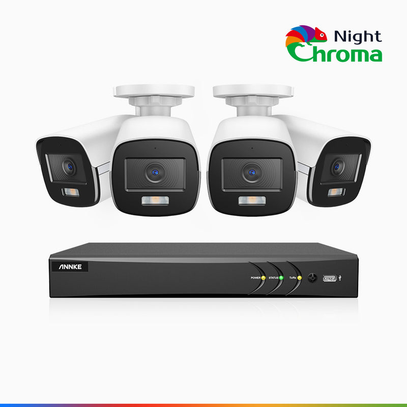 NightChroma<sup>TM</sup> NAK500 - 3K 8 Kanal Kabelgebunden Überwachungskamera aussen-Set mit 4 Kameras, Acme Farbnachtsicht, 2960 × 1665 Auflösung, f/1.0 Blende (0,001 Lux), Eingebautes Mikrofon, IP67, Aktualisierte Version