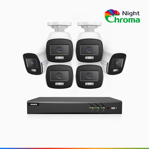 NightChroma<sup>TM</sup>  NAK500 - 3K 8 Kanal Kabelgebunden Überwachungskamera aussen-Set mit 6 Kameras, Acme Farbnachtsicht, 2960 × 1665 Auflösung, f/1.0 Blende (0,001 Lux), Eingebautes Mikrofon, IP67, Aktualisierte Version