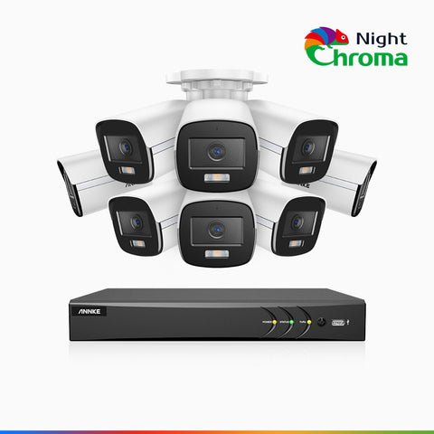 NightChroma<sup>TM</sup>  NAK500 - 3K 8 Kanal Kabelgebunden Überwachungskamera aussen-Set mit 8 Kameras, Acme Farbnachtsicht, 2960 × 1665 Auflösung, f/1.0 Blende (0,001 Lux), Eingebautes Mikrofon, IP67, Aktualisierte Version
