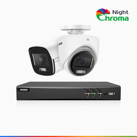 NightChroma<sup>TM</sup> NAK500 - 3K 8 Kanal Kabelgebunden Überwachungskamera aussen-Set mit 1 Bullet Kamera & 1 Turm Kamera, Acme Farbnachtsicht, 2960 × 1665 Auflösung, f/1.0 Blende (0,001 Lux), Eingebautes Mikrofon, IP67, Aktualisierte Version