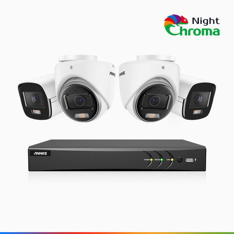 NightChroma<sup>TM</sup> NAK500 - 3K 8 Kanal Kabelgebunden Überwachungskamera aussen-Set mit 2 Bullet Kameras & 2 Turm Kameras, Acme Farbnachtsicht, 2960 × 1665 Auflösung, f/1.0 Blende (0,001 Lux), Eingebautes Mikrofon, IP67, Aktualisierte Version