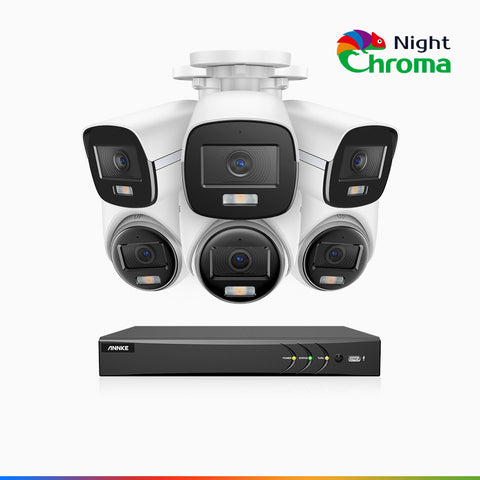 NightChroma<sup>TM</sup> NAK500 - 3K 8 Kanal Kabelgebunden Überwachungskamera aussen-Set mit 3 Bullet Kameras & 3 Turm Kameras, Acme Farbnachtsicht, 2960 × 1665 Auflösung, f/1.0 Blende (0,001 Lux), Eingebautes Mikrofon, IP67, Aktualisierte Version