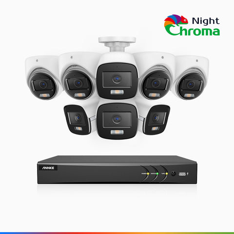 NightChroma<sup>TM</sup>  NAK500 - 3K 8 Kanal Kabelgebunden Überwachungskamera aussen-Set mit 4 Bullet Kameras & 4 Turm Kameras, Acme Farbnachtsicht, 2960 × 1665 Auflösung, f/1.0 Blende (0,001 Lux), Eingebautes Mikrofon, IP67, Aktualisierte Version