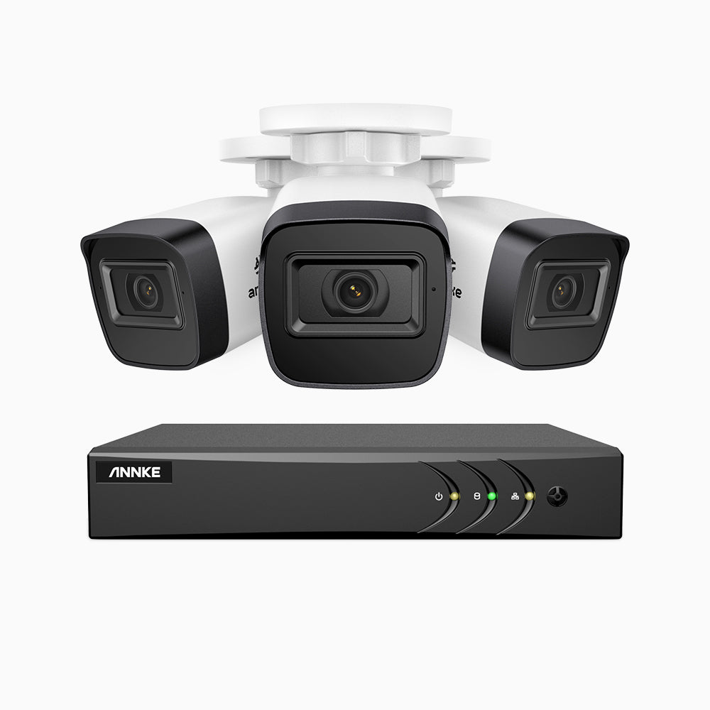 EL200 - 1080p 4 Kanal außen Kabelgebunden Überwachungskamera-Set mit 3 Kameras, intelligenter DVR mit Erkennung von Menschen & Fahrzeugen, 20 Meter Infrarot-Nachtsicht, 4-in-1-Ausgangssignal, IP67