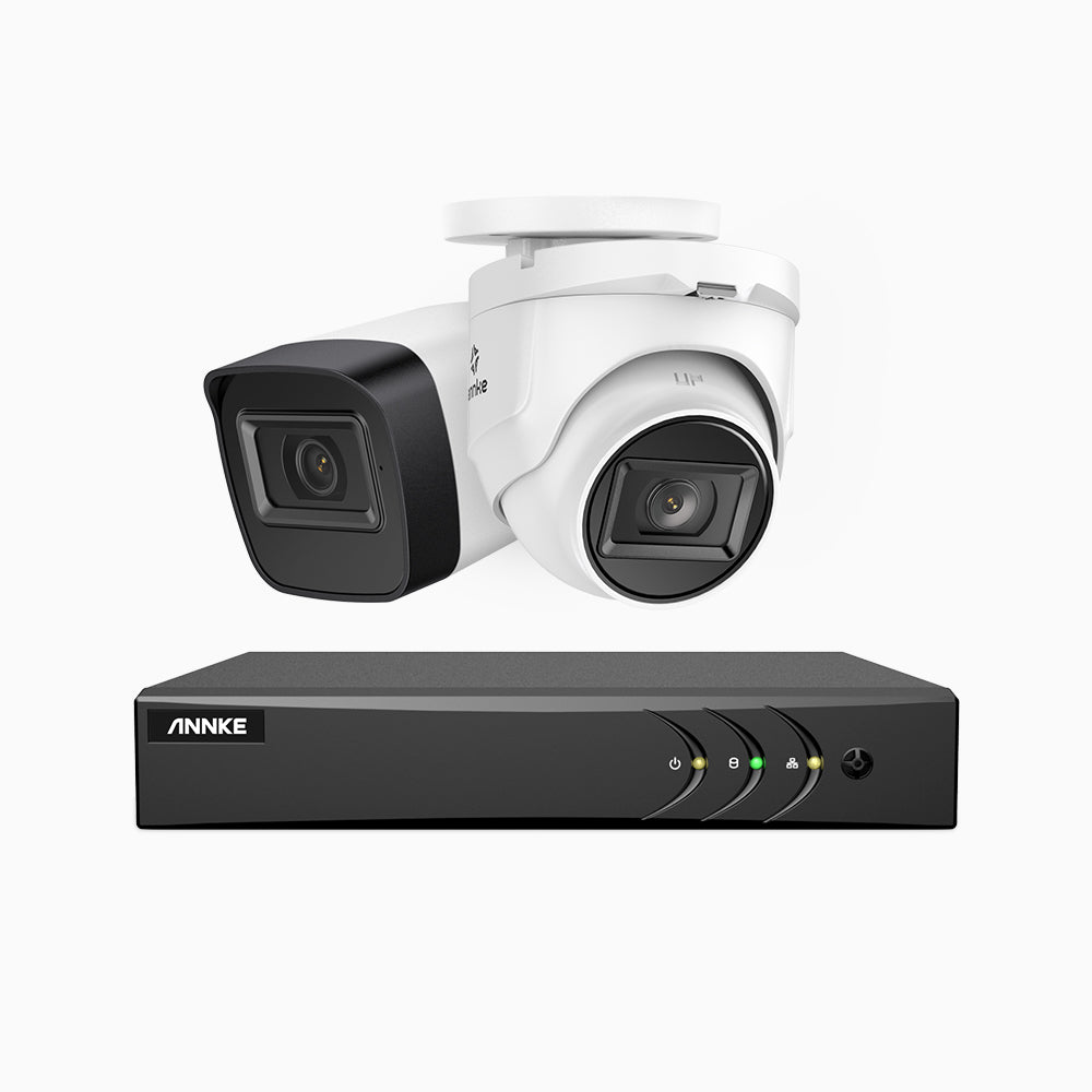 EL200 - 1080p 4 Kanal außen Kabelgebunden Überwachungskamera-Set mit 1 Bullet Kamera & 1 Turm Kamera, intelligenter DVR mit Erkennung von Menschen & Fahrzeugen, 20 Meter Infrarot-Nachtsicht, 4-in-1-Ausgangssignal, IP67