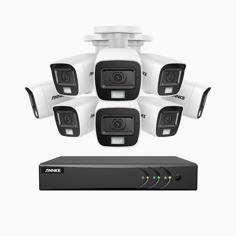ADLK500 - 3K 16 Kanal außen Kabelgebunden Überwachungskamera-Set mit 8 Kameras, Zwei Lichtern Nachtsicht, f/1.2 Superblende, 4-in-1 Ausgangssignal, Eingebautes Mikrofon, IP67 wetterfest