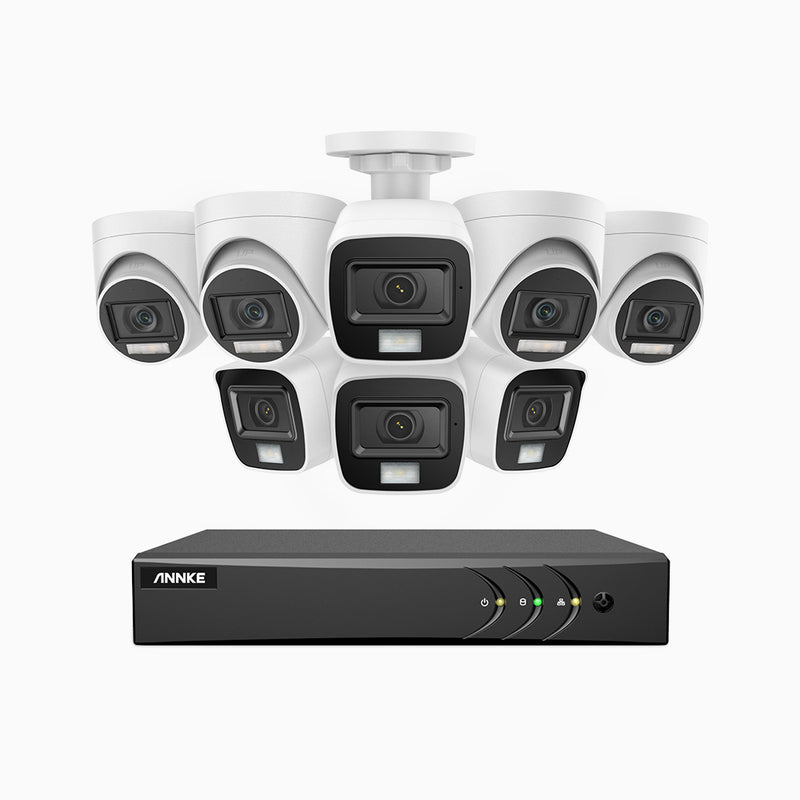 ADLK500 - 3K 16 Kanal außen Kabelgebunden Überwachungskamera-Set mit 4 Bullet Kameras & 4 Turm Kameras, Zwei Lichtern Nachtsicht, f/1.2 Superblende, 4-in-1 Ausgangssignal, Eingebautes Mikrofon, IP67 wetterfest
