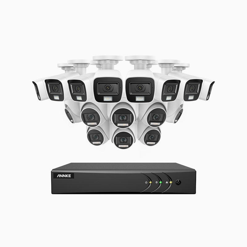 ADLK500 - 3K 16 Kanal außen Kabelgebunden Überwachungskamera-Set mit 8 Bullet Kameras & 8 Turm Kameras, Zwei Lichtern Nachtsicht, f/1.2 Superblende, 4-in-1 Ausgangssignal, Eingebautes Mikrofon, IP67 wetterfest