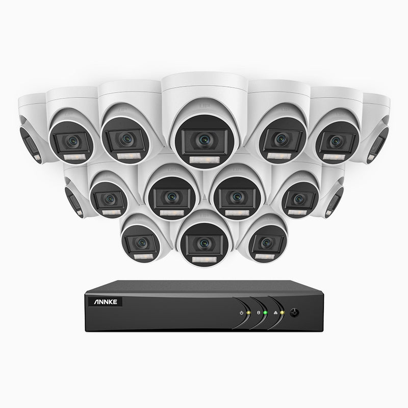 ADLK500 - 3K 16 Kanal außen Kabelgebunden Überwachungskamera-Set mit 16 Kameras, Zwei Lichtern Nachtsicht, f/1.2 Superblende, 4-in-1 Ausgangssignal, Eingebautes Mikrofon, IP67 wetterfest