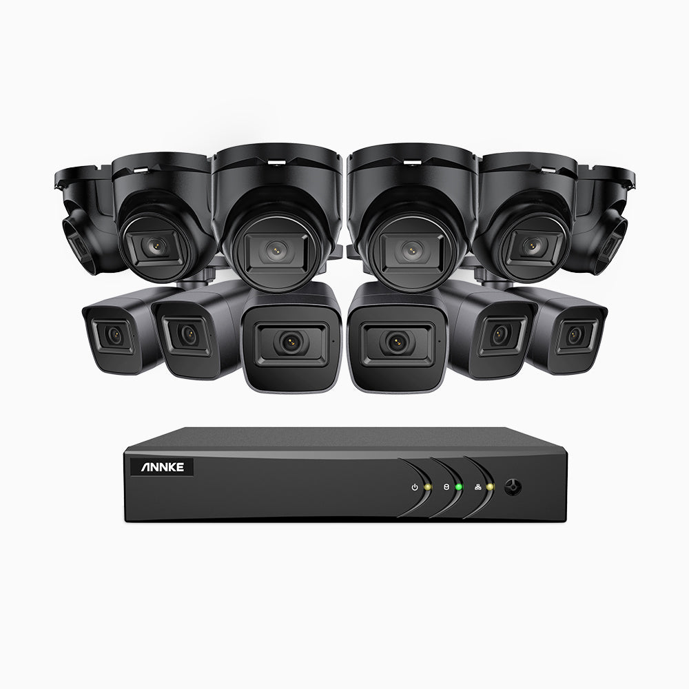 EL200 - 1080p 16 Kanal außen Kabelgebunden Überwachungskamera-Set mit 6 Bullet Kameras & 6 Turm Kameras, intelligenter DVR mit Erkennung von Menschen & Fahrzeugen, 20 Meter Infrarot-Nachtsicht, 4-in-1-Ausgangssignal, IP67