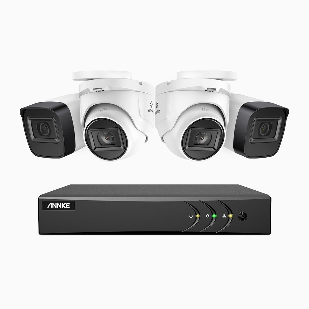 EL200 - 1080p 8 Kanal außen Kabelgebunden Überwachungskamera-Set mit 2 Bullet Kameras & 2 Turm Kameras, intelligenter DVR mit Erkennung von Menschen & Fahrzeugen, 20 Meter Infrarot-Nachtsicht, 4-in-1-Ausgangssignal, IP67