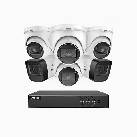 EL200 - 1080p 8 Kanal außen Kabelgebunden Überwachungskamera-Set mit 2 Bullet Kameras & 4 Turm Kameras, intelligenter DVR mit Erkennung von Menschen & Fahrzeugen, 20 Meter Infrarot-Nachtsicht, 4-in-1-Ausgangssignal, IP67
