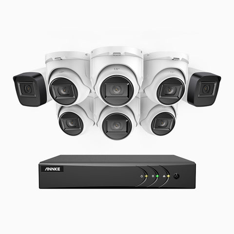 EL200 - 1080p 8 Kanal außen Kabelgebunden Überwachungskamera-Set mit 2 Bullet Kameras & 6 Turm Kameras, intelligenter DVR mit Erkennung von Menschen & Fahrzeugen, 20 Meter Infrarot-Nachtsicht, 4-in-1-Ausgangssignal, IP67