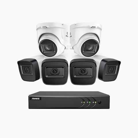 EL200 - 1080p 8 Kanal außen Kabelgebunden Überwachungskamera-Set mit 4 Bullet Kameras & 2 Turm Kameras, intelligenter DVR mit Erkennung von Menschen & Fahrzeugen, 20 Meter Infrarot-Nachtsicht, 4-in-1-Ausgangssignal, IP67