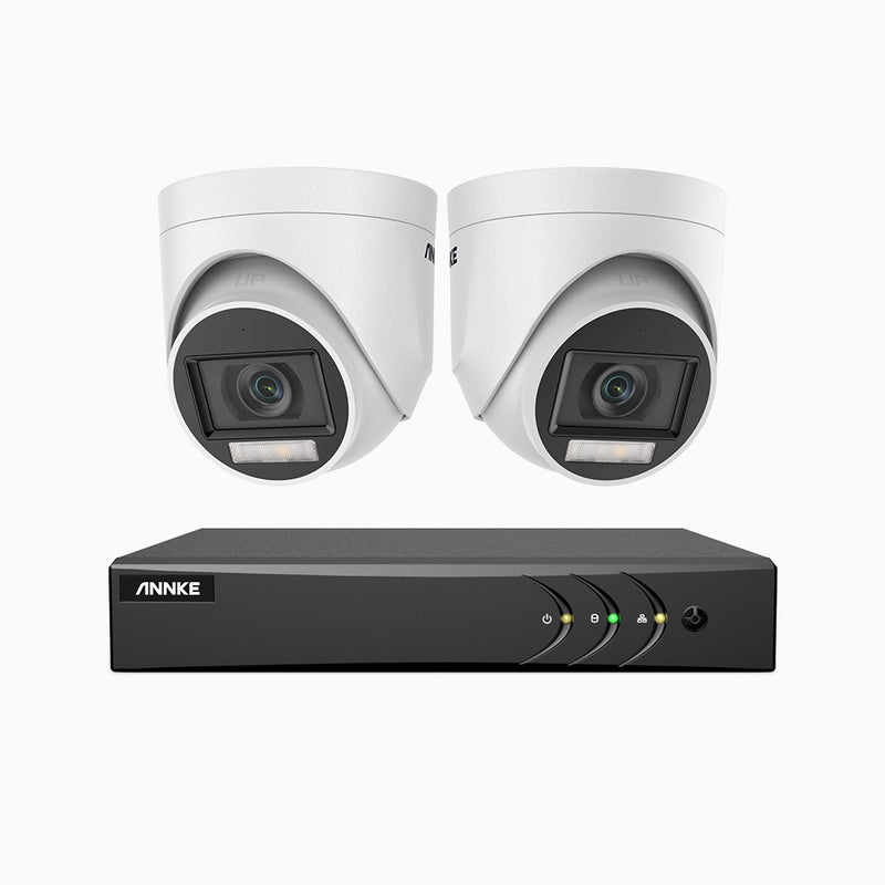 ADLK500 - 3K 8 Kanal außen Kabelgebunden Überwachungskamera-Set mit 2 Kameras, Zwei Lichtern Nachtsicht, f/1.2 Superblende, 4-in-1 Ausgangssignal, Eingebautes Mikrofon, IP67 wetterfest