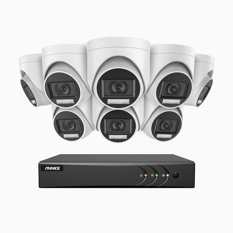 ADLK500 - 3K 8 Kanal außen Kabelgebunden Überwachungskamera-Set mit 8 Kameras, Zwei Lichtern Nachtsicht, f/1.2 Superblende, 4-in-1 Ausgangssignal, Eingebautes Mikrofon, IP67 wetterfest