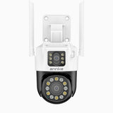 WCD600 - 6MP UHD Dual-Lens Funk Überwachungskamera Außen,  Intelligente Dual-Licht Nachtsicht, Rot-Blaue Warnlichter mit Sirene, Zwei-Wege-Audio, 300° Schwenk & 90° Neigung,   Cloud- und maximal 128 GB lokaler Speicher, funktioniert mit Alexa