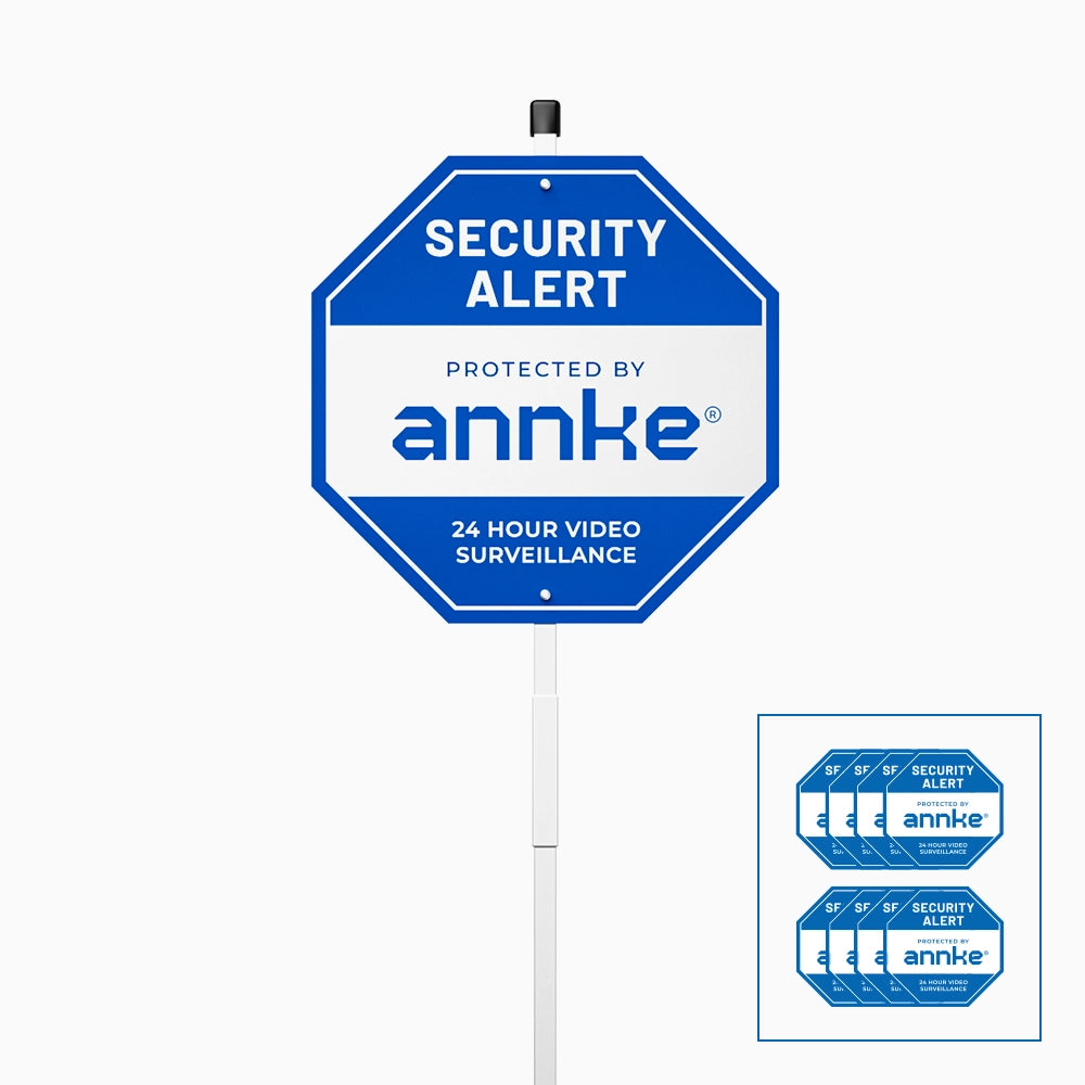 ANNKE 10-Zoll Sicherheits-Warnschild aus 100 % Aluminium, mit Erdspieß & 8 Fensteraufklebern, reflektierend & lichtbeständig, Überwachungsschild für Haus, Garten & Grundstück