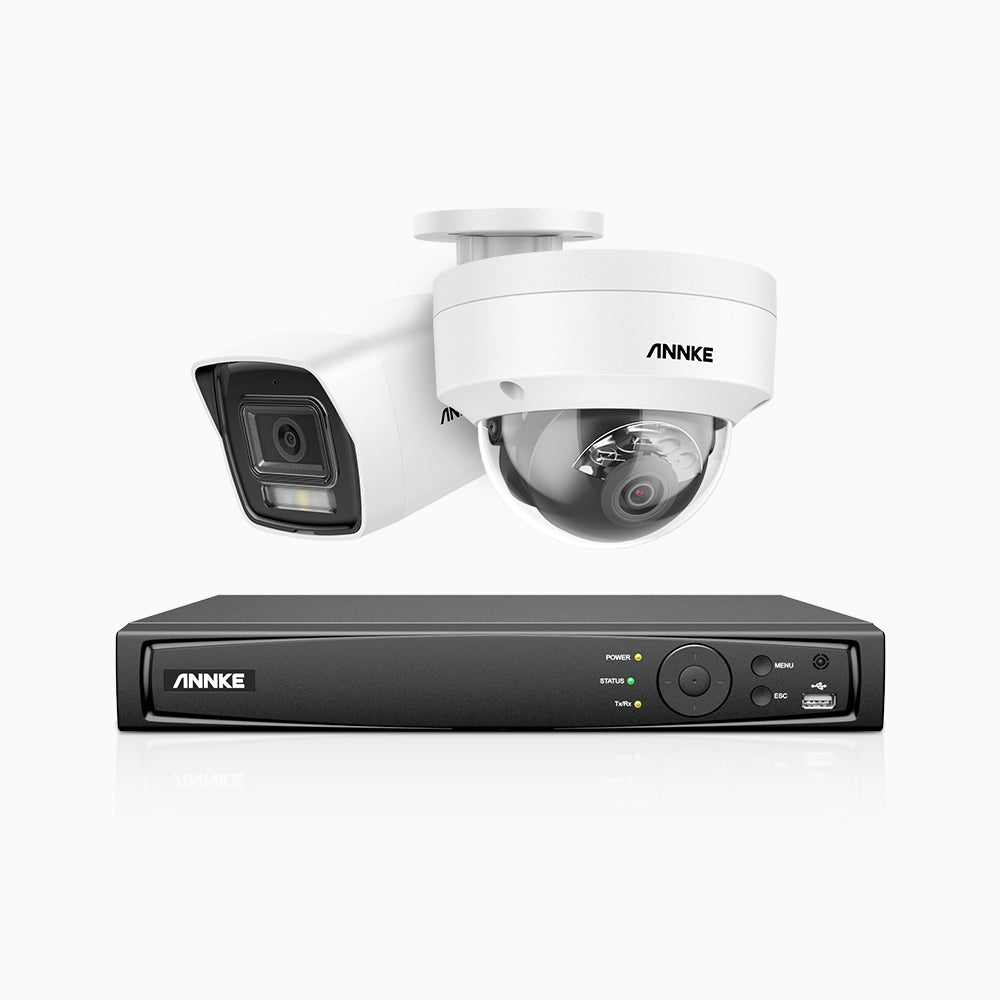 H800 - 4K 4 Kanal PoE Überwachungskamera-Set mit 1 Bullet Kamera & 1 Dome (IK10) Kamera, Vandalensichere, Farbe & IR Nachtsicht, Personen- und Fahrzeugerkennung, Eingebautes Mikrofon, 96° Sichtfeld, Unterstützt RTSP