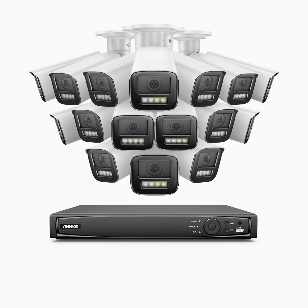 AZH800 - 4K 16 Kanal PoE Dome Überwachungskamera-Set mit 16 Kameras, 4X Optischer Zoom, 2,8-12 MM motorisiertes Varifokalobjektiv, Intelligente Zwei Lichtern Nachtsicht, Bewegungserkennung 2.0, Eingebautes Mikrophon, Alarmierung mit sirene und blitzlicht