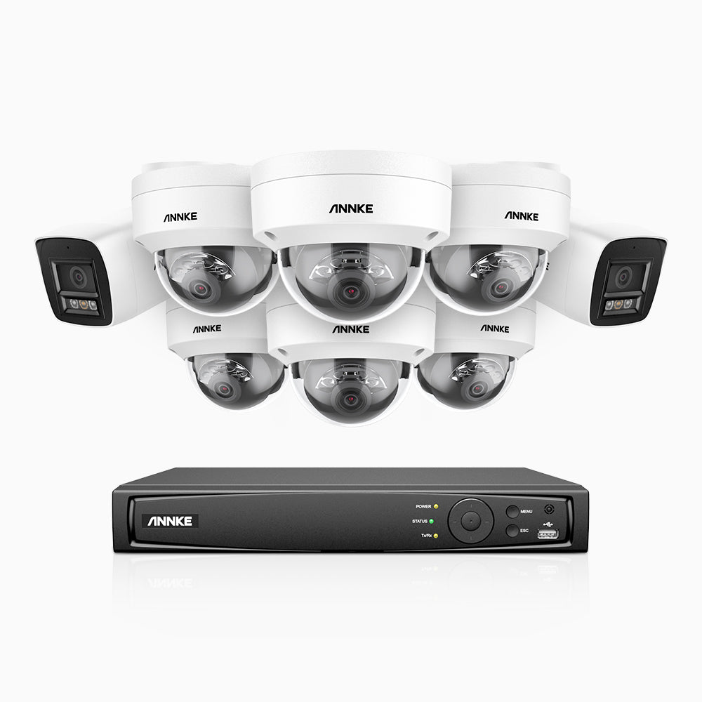 H800 - 4K 16 Kanal PoE Überwachungskamera-Set mit 2 Bullet Kameras & 6 Dome (IK10) Kameras, Vandalensichere, Farbe & IR Nachtsicht, Personen- und Fahrzeugerkennung, Eingebautes Mikrofon, 96° Sichtfeld, Unterstützt RTSP