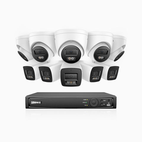 H800 - 4K 16 Kanal PoE Überwachungskamera-Set mit 5 Bullet Kameras & 5 Turm Kameras, Farbe & IR Nachtsicht, Personen- und Fahrzeugerkennung, Eingebautes Mikrofon, 96° Sichtfeld, Unterstützt RTSP und ONVIF