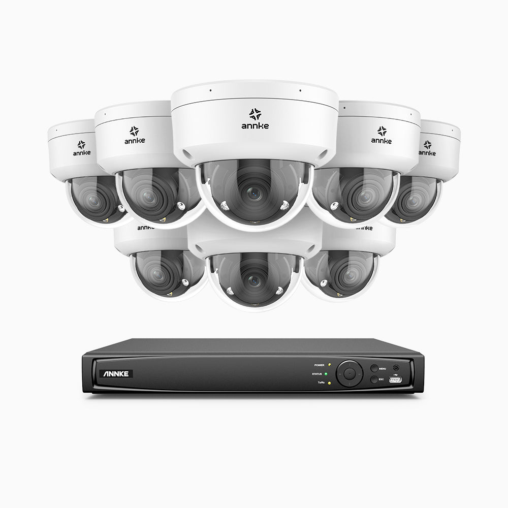 AZH800 - 4K 16 Kanal PoE Dome Überwachungskamera-Set mit 8 Kameras, 4X Optischer Zoom, 2,8-12 MM motorisiertes Varifokalobjektiv, Intelligente Zwei Lichtern Nachtsicht, Bewegungserkennung 2.0, Eingebautes Mikrophon, Alarmierung mit sirene und blitzlicht