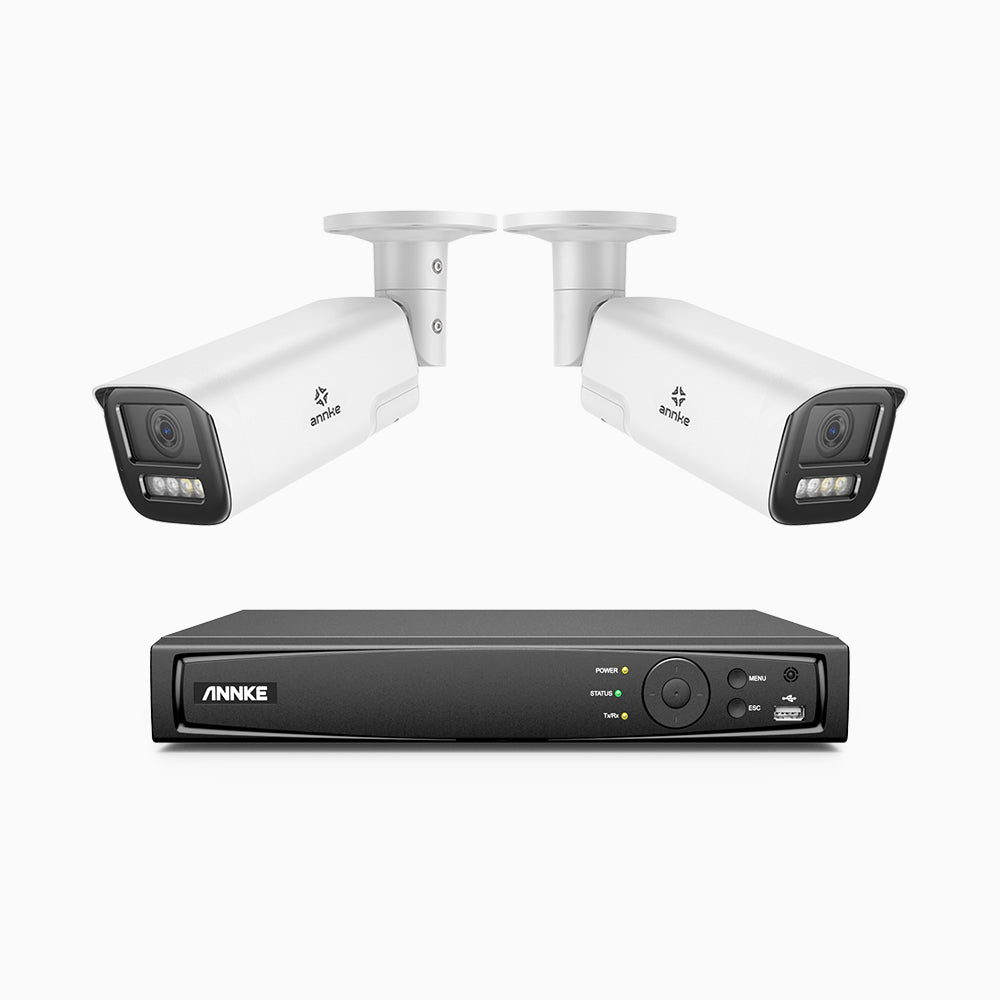 AZH800 - 4K 8 Kanal PoE Dome Überwachungskamera-Set mit 2 Kameras, 4X Optischer Zoom, 2,8-12 MM motorisiertes Varifokalobjektiv, Intelligente Zwei Lichtern Nachtsicht, Bewegungserkennung 2.0, Eingebautes Mikrophon, Alarmierung mit sirene und blitzlicht