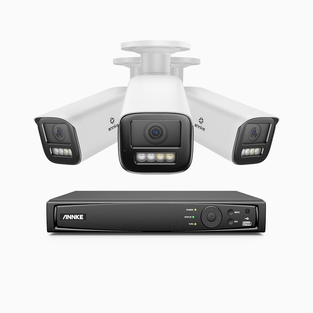 AZH800 - 4K 8 Kanal PoE Dome Überwachungskamera-Set mit 3 Kameras, 4X Optischer Zoom, 2,8-12 MM motorisiertes Varifokalobjektiv, Intelligente Zwei Lichtern Nachtsicht, Bewegungserkennung 2.0, Eingebautes Mikrophon, Alarmierung mit sirene und blitzlicht