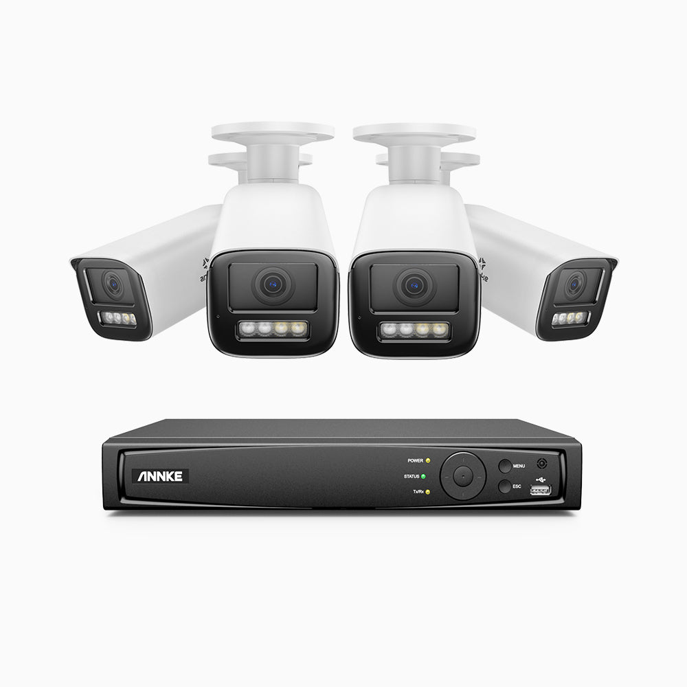 AZH800 - 4K 8 Kanal PoE Dome Überwachungskamera-Set mit 4 Kameras, 4X Optischer Zoom, 2,8-12 MM motorisiertes Varifokalobjektiv, Intelligente Zwei Lichtern Nachtsicht, Bewegungserkennung 2.0, Eingebautes Mikrophon, Alarmierung mit sirene und blitzlicht