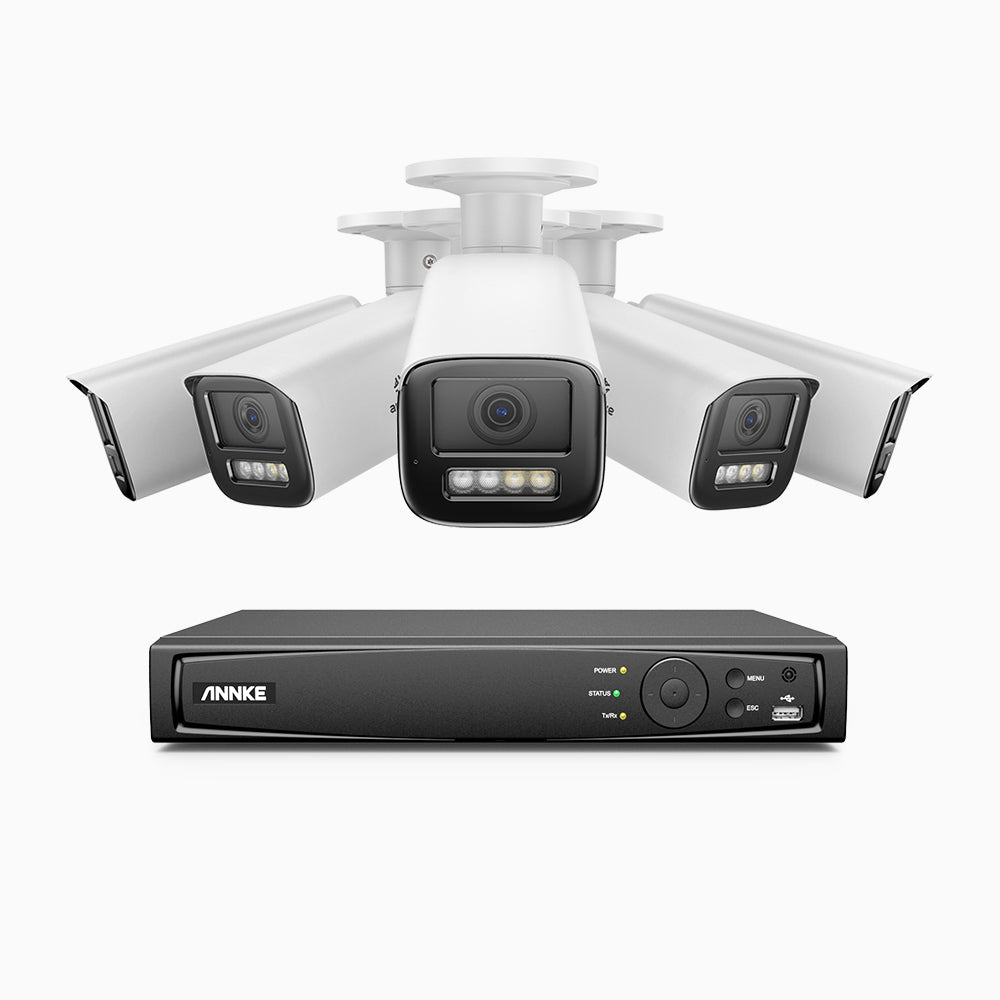 AZH800 - 4K 8 Kanal PoE Dome Überwachungskamera-Set mit 5 Kameras, 4X Optischer Zoom, 2,8-12 MM motorisiertes Varifokalobjektiv, Intelligente Zwei Lichtern Nachtsicht, Bewegungserkennung 2.0, Eingebautes Mikrophon, Alarmierung mit sirene und blitzlicht