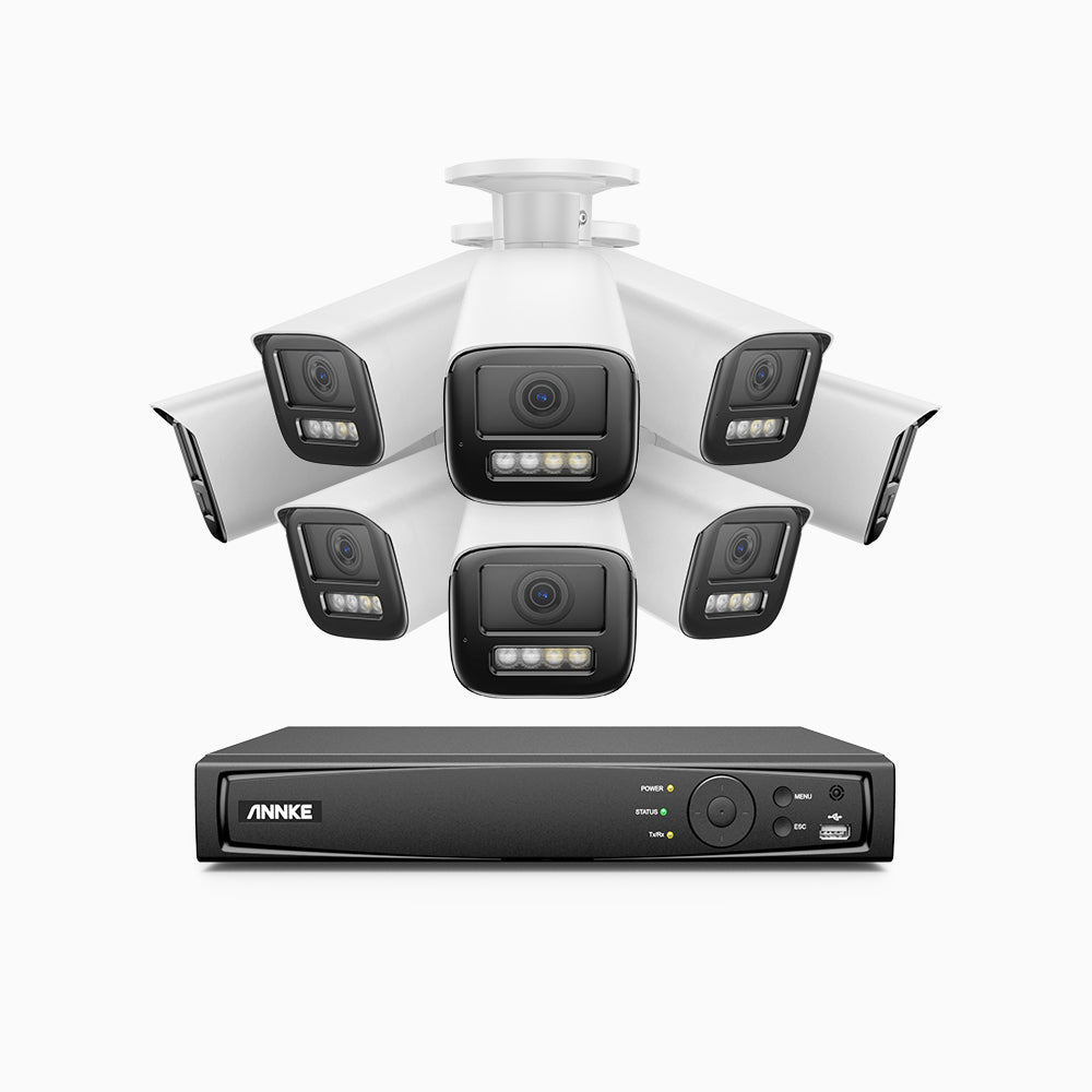 AZH800 - 4K 8 Kanal PoE Dome Überwachungskamera-Set mit 8 Kameras, 4X Optischer Zoom, 2,8-12 MM motorisiertes Varifokalobjektiv, Intelligente Zwei Lichtern Nachtsicht, Bewegungserkennung 2.0, Eingebautes Mikrophon, Alarmierung mit sirene und blitzlicht